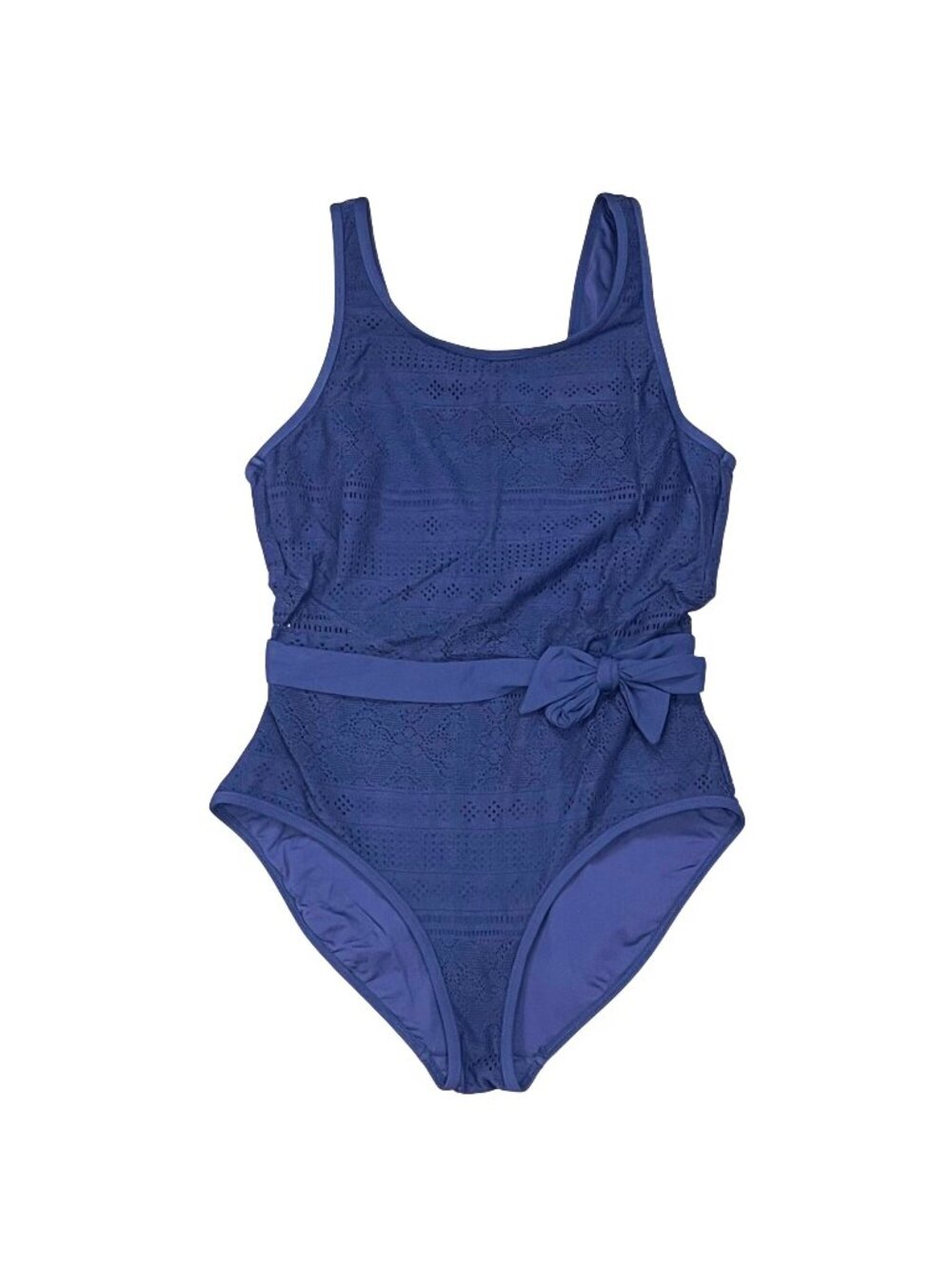 Anne Cole Lace One Piece Swimsuit Women's Size 12 Sheer Sides Tie Sash Navy Blue